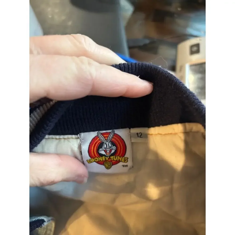 Vtg 90s Looney Tunes Warner Bros. Embroidered Denim Varsity Jacket Youth 12